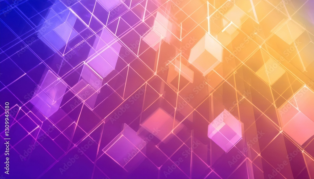 Poster futuristic glowing wireframe cubes in a digital abstract geometric space with a gradient of purple and orange light

