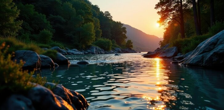 Calceata di acqua nel fiume Pitrisconi al tramonto con una luce dorata, paesaggio, cascata, ombra