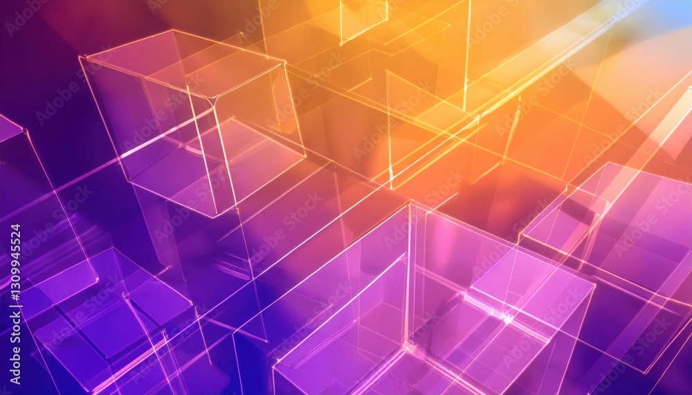 Leinwandbilder futuristic glowing wireframe cubes in a digital abstract geometric space with a gradient of purple a