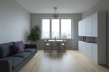 Modern minimalist apartment interior with a light gray wall, wooden floor, and a gray sofa.