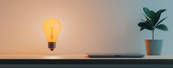 LED bulbs on a shelf, in an empty office with a lamp, emphasizing efficiency in a business workspace setting