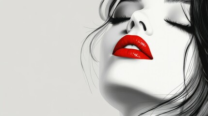 Fototapeta premium Minimalist Black and White Portrait of a Woman with Bold Red Lips and Closed Eyes