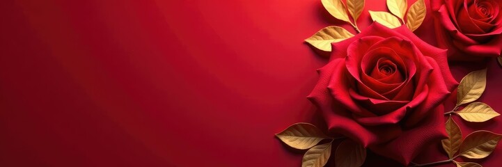 Dark red rose petals with subtle gold hues and four golden leaves on a plain background, red blooms, gold flowers