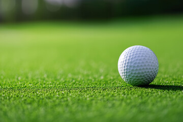 Fototapeta premium white golf ball sits on a green grass field. The ball is the only object in the image, and it is the focal point of the scene. Concept of calmness and tranquility