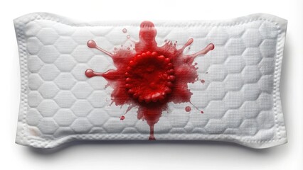 A single red splatter on a white, quilted surface, symbolizing the absorption and protection of a hygienic product.