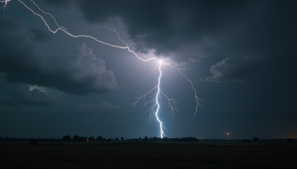 Dramatic lightning strike illuminating dark stormy sky over landscape at night