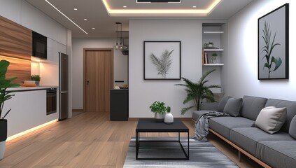 Modern, minimalist apartment interior with open-plan kitchen and living area. Light and airy space features hardwood floors, neutral tones, and stylish furniture.
