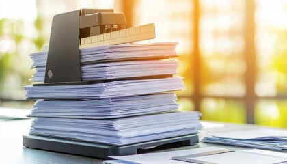 Paper cutter on a desk, in an empty office with files, aiding precision in a business workspace scene