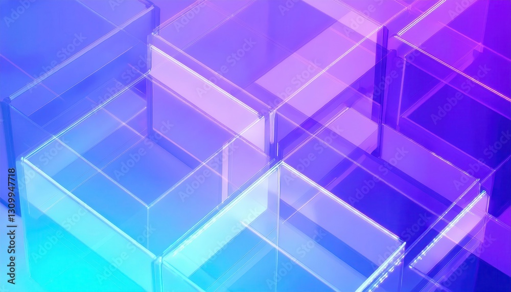 Poster futuristic transparent cube structure with neon gradient lighting, abstract digital background for technology and innovation

