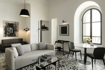 Modern, minimalist apartment living room with a neutral color palette, featuring a comfortable sofa, a stylish dining area, and large windows overlooking a cityscape.