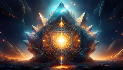 A majestic crystalline structure radiates light, surrounded by cosmic wonders.