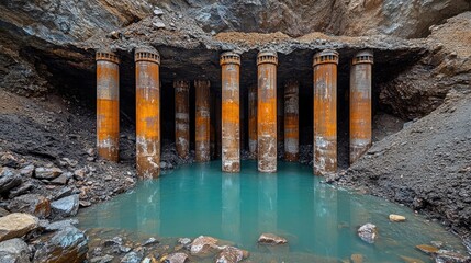 Rusty steel piles support structure in excavated pit with water.