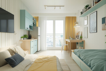 small bedroom with a bed, desk, and a window. The room is bright and airy, with a yellow blanket on the bed and a potted plant on the windowsill. The room has a modern and minimalist design