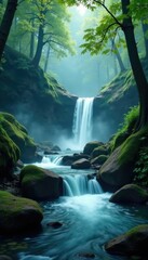 fluid waterfalls in the heart of a mystical forest, river, misty