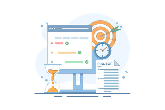 Project management concept, compiling program checklist on laptop monitor screen near target paper hourglass project summary. checking tasks completed within project management time.