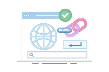 secure link concept. secure website address. user security in accessing website. surfing the internet safely. browsing. chain symbol and search bar. flat style design illustration in background.