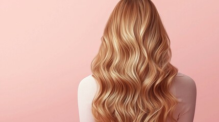 Fototapeta premium girl with blonde long hair back view on light pink background
