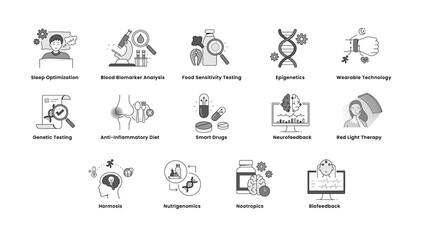 Cognitive Performance and Brain Optimization: Nootropics, Smart Drugs, Neurofeedback, Biofeedback, Nutrigenomics, Epigenetics, Sleep Optimization. Editable Stroke.