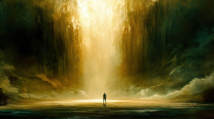 A lone figure standing at the edge of an expansive, high-contrast environment, light pouring from one side