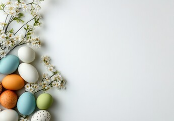 A serene display of colorful Easter eggs is surrounded by delicate white flowers, set against a soothing background, celebrating the vibrant spirit of Easter festivities and traditions