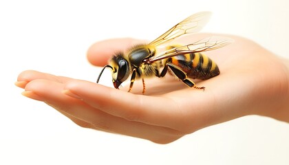 Naklejka premium Bee resting on human hand, inside, neutral background