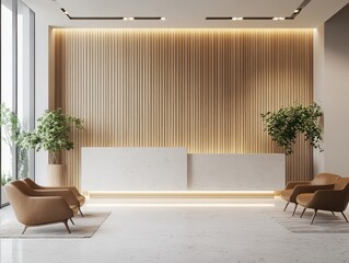 Modern interior design featuring a reception desk and waiting area