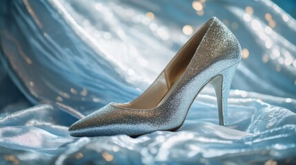 Silver Glitter High-Heeled Shoes on Shimmering Fabric