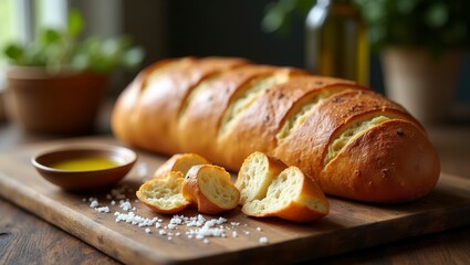 Fototapeta premium A freshly baked artisan loaf rests with olive oil and salt for a delicious appetizer or snack.