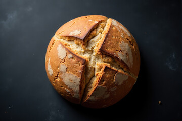 Overhead close-up shot of a rustic round loaf of bread against a dark background.