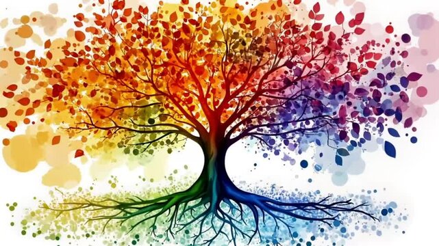 Colorful abstract tree, vibrant colors, roots, symbolic, artistic, inspirational, use in posters, print design