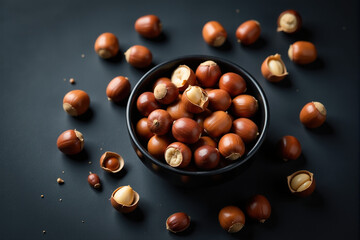 Obraz premium A black bowl filled with acorns is surrounded by more acorns on a dark surface. The image has a moody atmosphere.