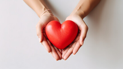A simple, large red heart held by female hands on a light background, symbolizing love and care.

