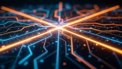 Interconnected orange and blue lines create an abstract network, symbolizing technology and digital connectivity.