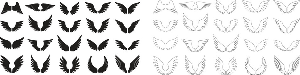 Wings with long feather icon in line and flat set. isolated on transparent background.
