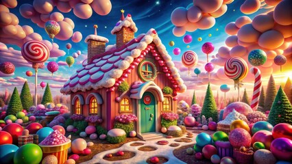 Fototapeta premium A whimsical gingerbread house nestled amidst a candy-coated landscape, adorned with giant lollipops, shimmering balloons, and whimsical clouds.