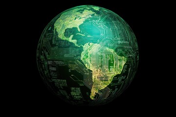 Global electronic circuit network spanning americas, symbolizing technological connectivity and worldwide communication infrastructure