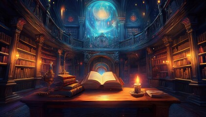 A glowing library with warm candlelight and a mysterious celestial dome above.