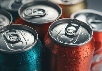 Colorful soda cans with droplets, showcasing refreshing beverages