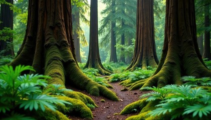 Fototapeta premium Grand redwood trunks rise above ferns and moss-covered undergrowth in a shaded forest, botanical, moss, woodland