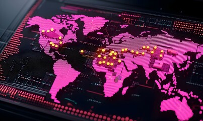 Obraz premium Digital World Map with Neon Pink Highlights and Data Points