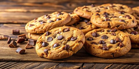 A Delicious Collection of Freshly Baked Chocolate Chip Cookies, Arranged on a Rustic Wooden Surface