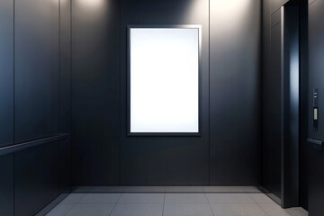 Mock up. Vertical poster media template frame hanging on the wall inside elevator lift