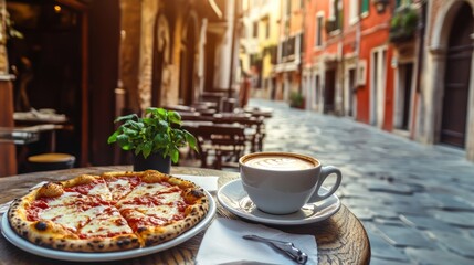 A delicious pizza and coffee sit on a cafe table