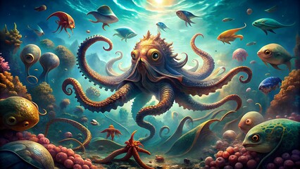 Obraz premium Legendary Sea Creatures: Kraken, Mermaids, and Leviathans in a Mythical Ocean Landscape