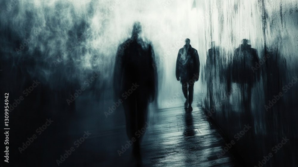 Aufkleber Mysterious silhouettes move through a dark, abstract space filled with blurred shadows and a sense of fear Generative AI