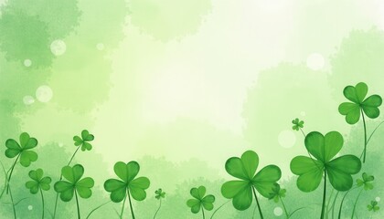 Vibrant St. Patrick's Day Celebration: Four Leaf Clovers on Green Background for Festive Greetings. A green background with four leaf clovers in a field.