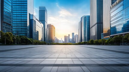 Empty square floor with modern city buildings scenery in Guangzhou. Road and buildings background.
