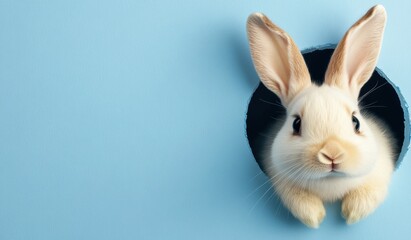 A super cute white rabbit curiously peeks out from a charming circular opening set against a delightful soft blue background, perfectly capturing the whimsical spirit of joyful Easter celebrations