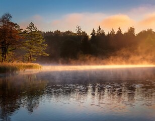 Fototapeta premium A misty fog rolling over a quiet lake at dawn