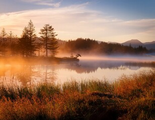Fototapeta premium A misty fog rolling over a quiet lake at dawn